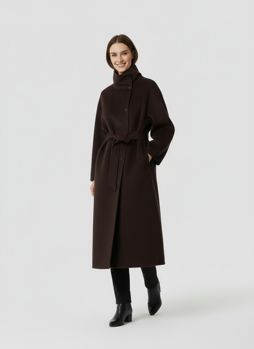 Damen Langer Mantel mit Gürtel und Kragen 1