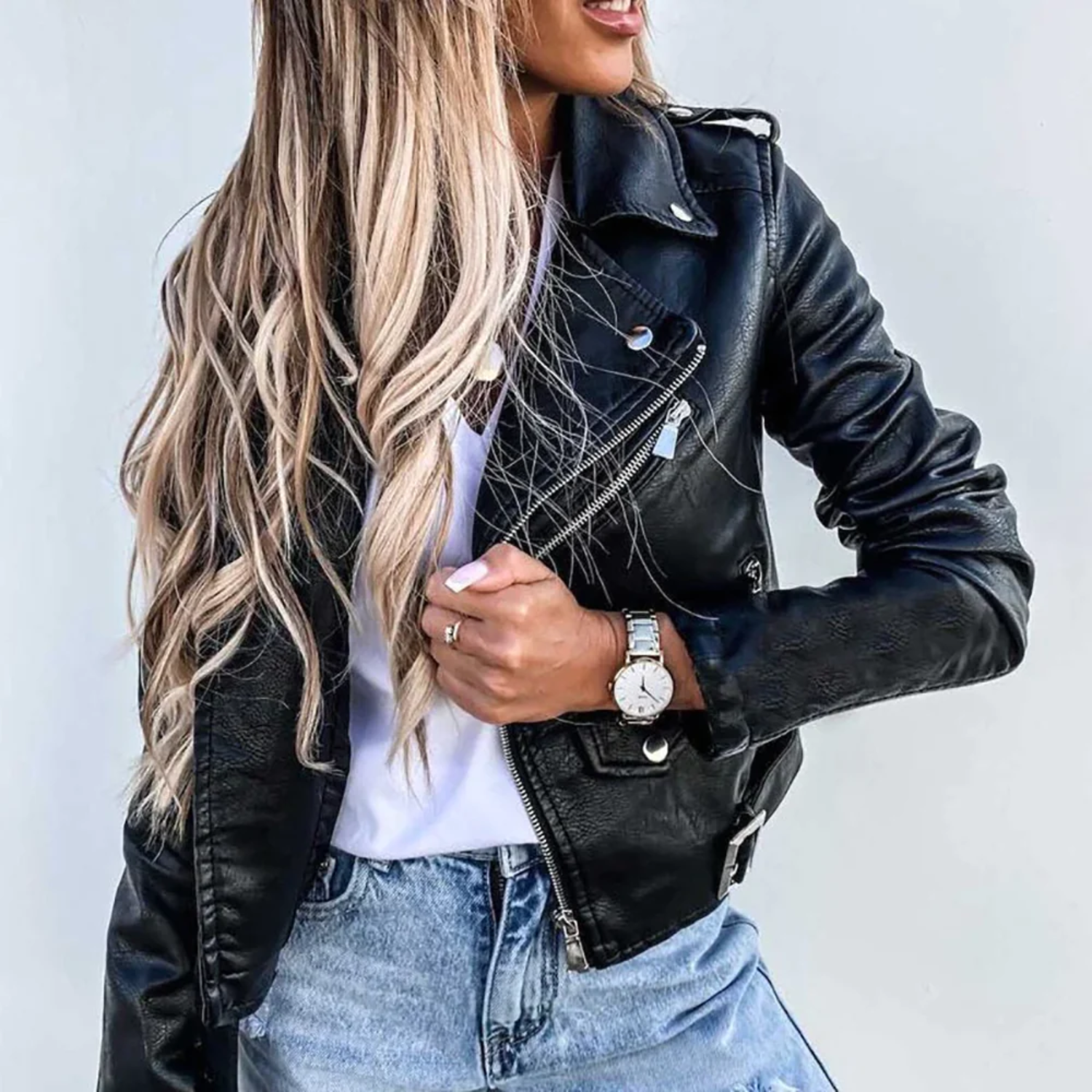 Damen Lederjacke mit Reißverschluss und Gürtel 0