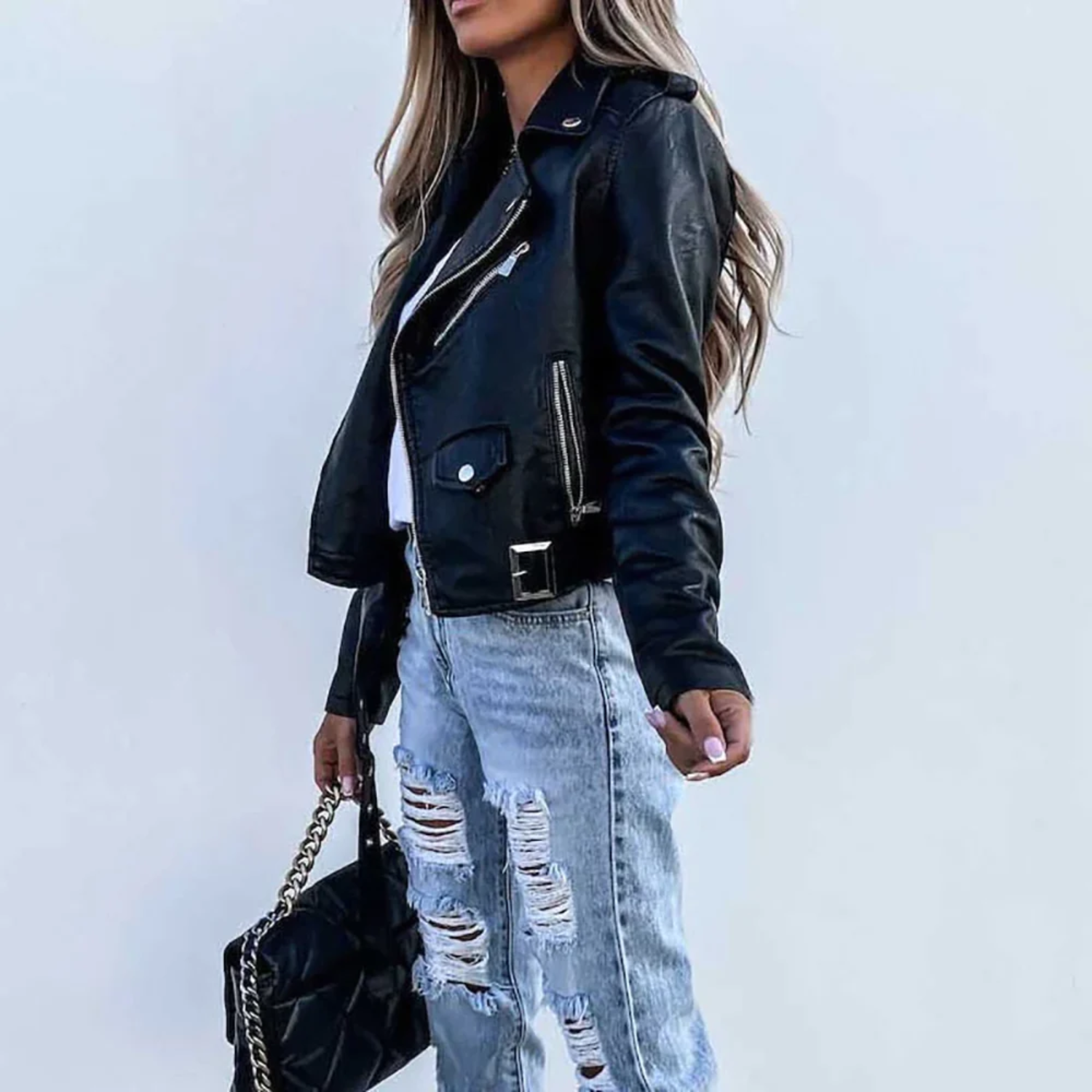 Damen Lederjacke mit Reißverschluss und Gürtel 1