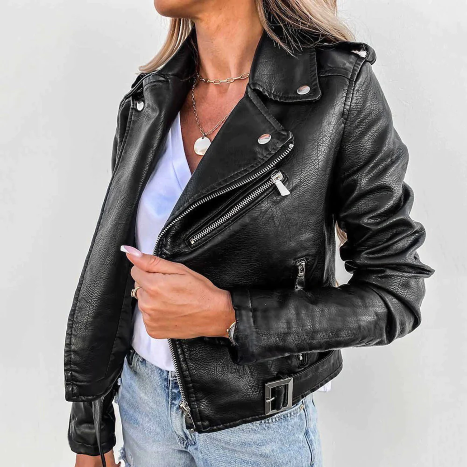Damen Lederjacke mit Reißverschluss und Gürtel 2