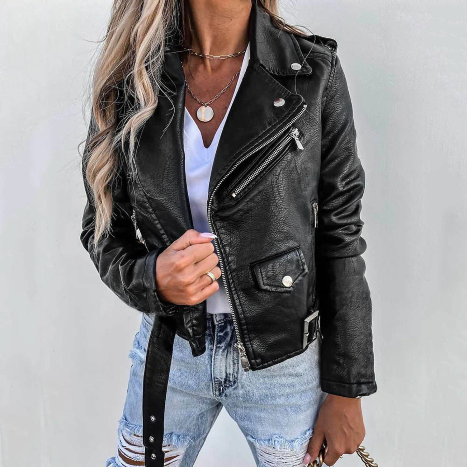 Damen Lederjacke mit Reißverschluss und Gürtel 3