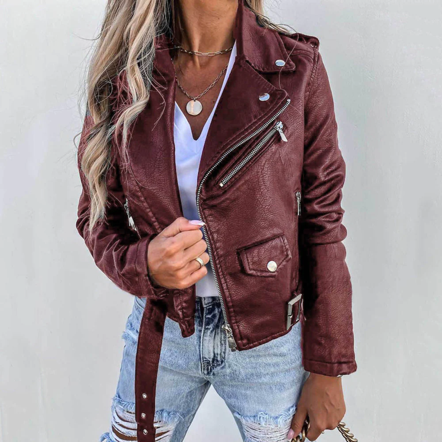 Damen Lederjacke mit Reißverschluss und Gürtel 4