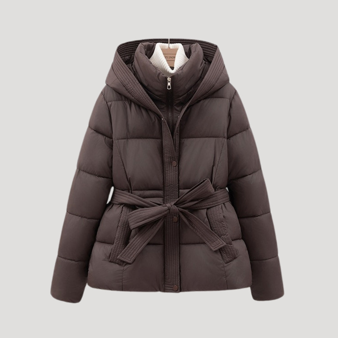 Damen Pufferjacke mit Kapuze und Gürtel für Winteraktivitäten 0