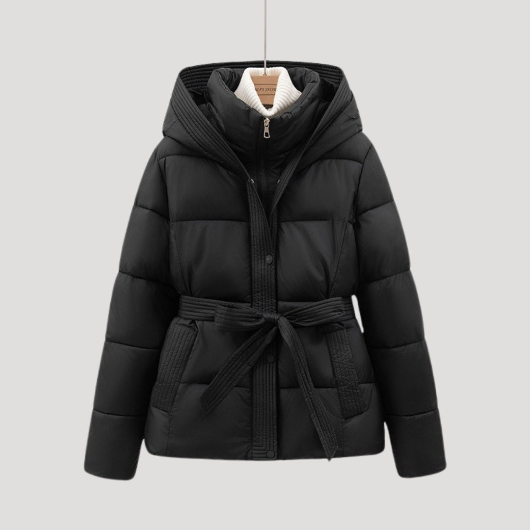 Damen Pufferjacke mit Kapuze und Gürtel für Winteraktivitäten 1