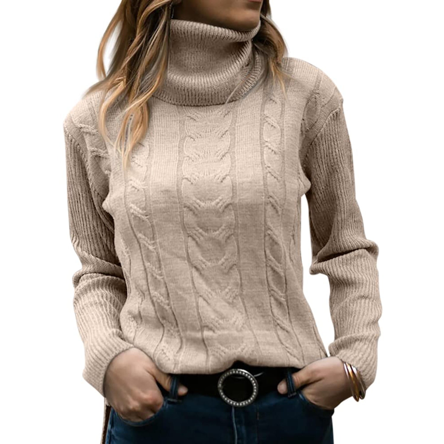 Damen Rollkragenpullover mit Kabelstrick für Herbst und Winter 1