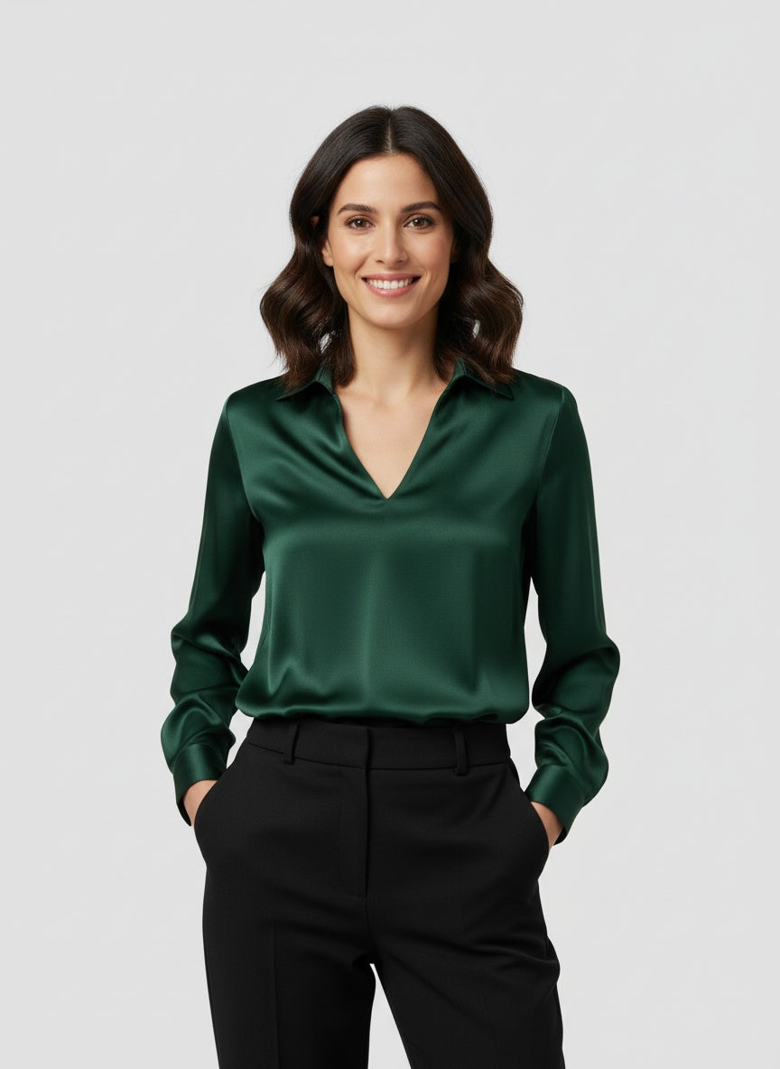 Damen Satinbluse mit V-Ausschnitt 0