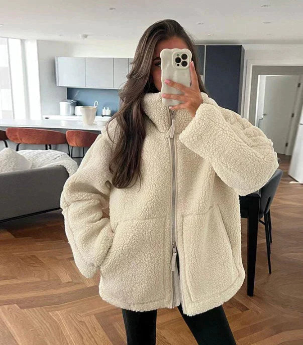 Damen Teddy Jacke mit Doppel-Reißverschluss für Herbst/Winter 0