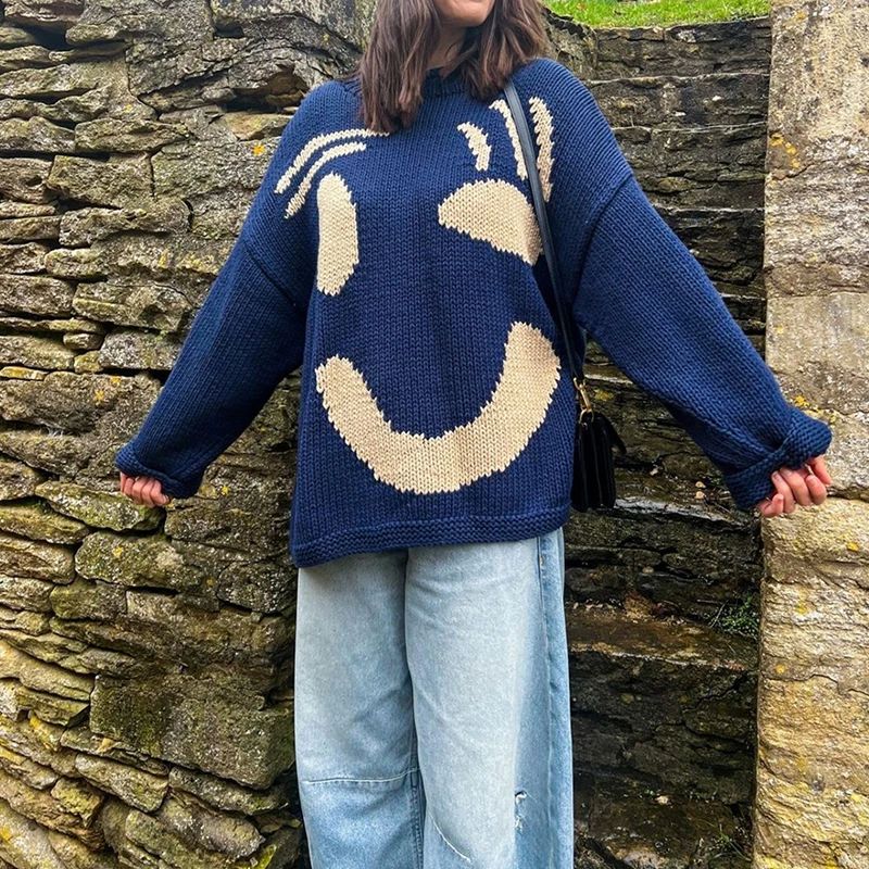 Damen Überdimensionierter Pullover mit Smiley-Design 0