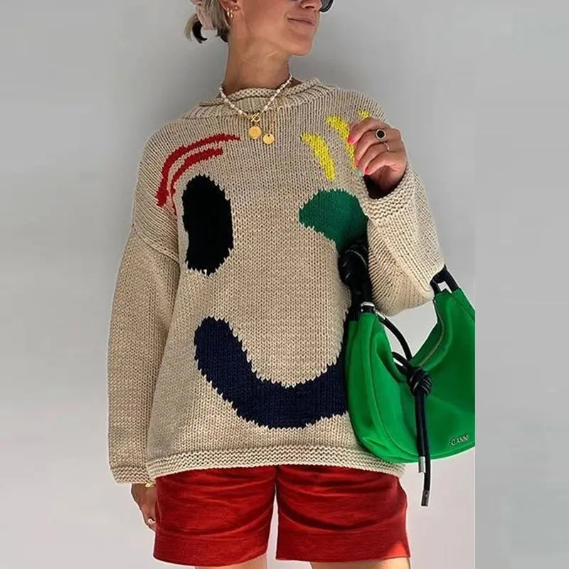 Damen Überdimensionierter Pullover mit Smiley-Design 2