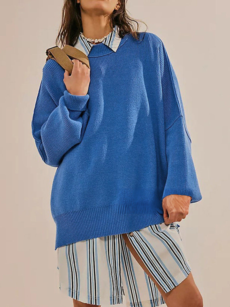 Damenpullover mit Crew Neck und Seitenschlitzen für Freizeit 0