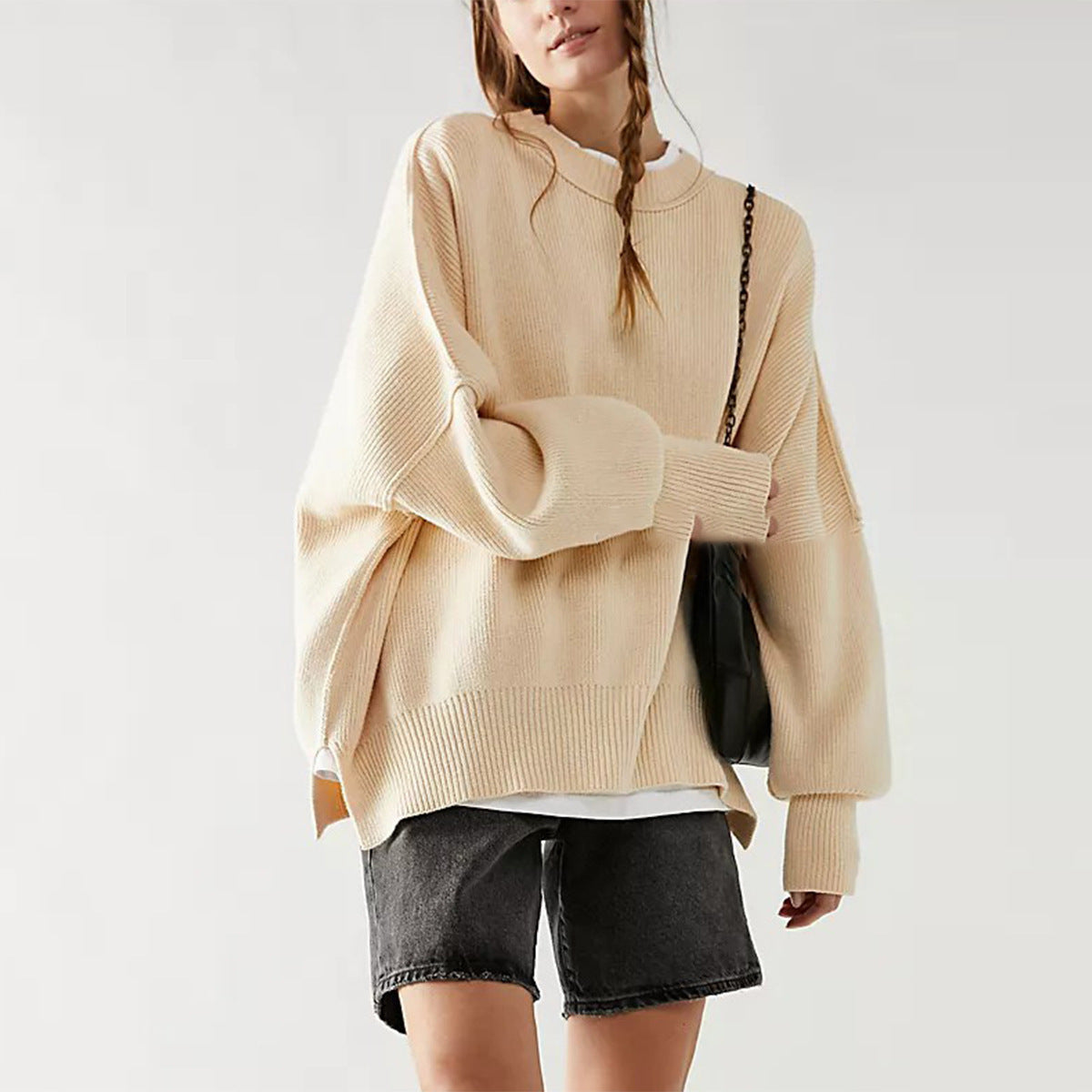 Damenpullover mit Crew Neck und Seitenschlitzen für Freizeit 7