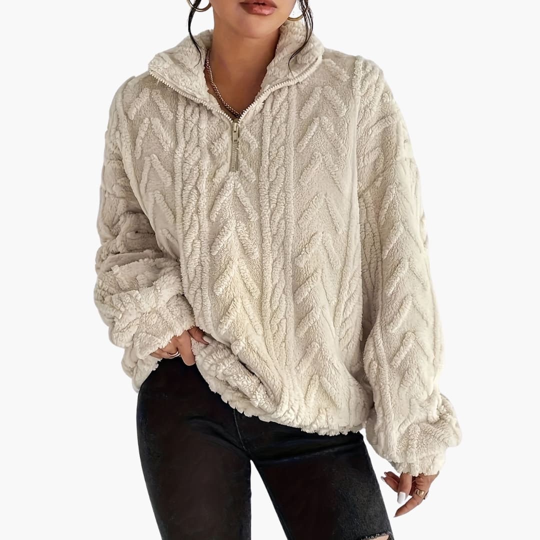 Damenpullover mit Zopfmuster und Halbzip, Oversize-Schnitt 1