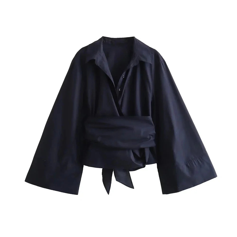 Elegant kimono blouse for women with wide bow belt