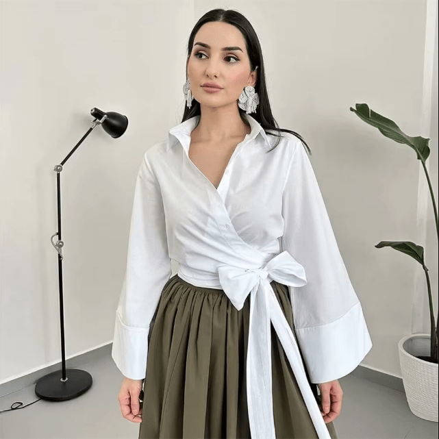 Elegant kimono blouse for women with wide bow belt