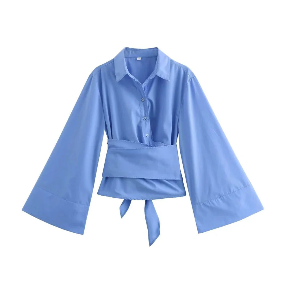 Elegant kimono blouse for women with wide bow belt