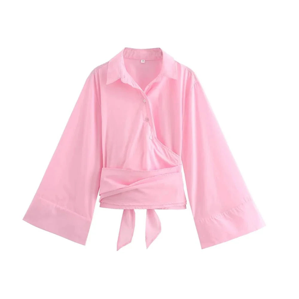 Elegant kimono blouse for women with wide bow belt