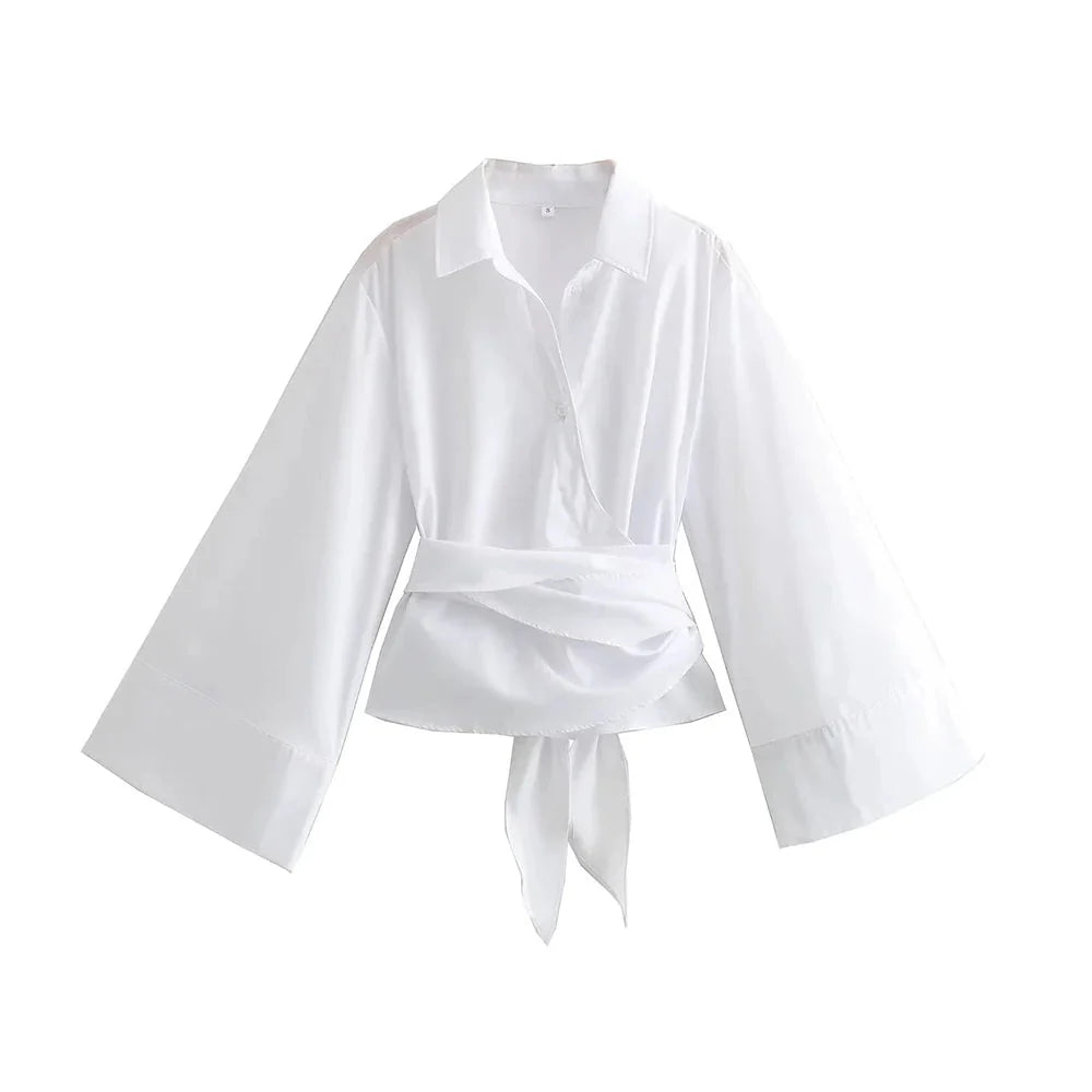 Elegant kimono blouse for women with wide bow belt