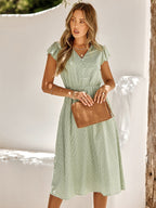 Elegant midi dress for women with ruffled sleeves and V-neck