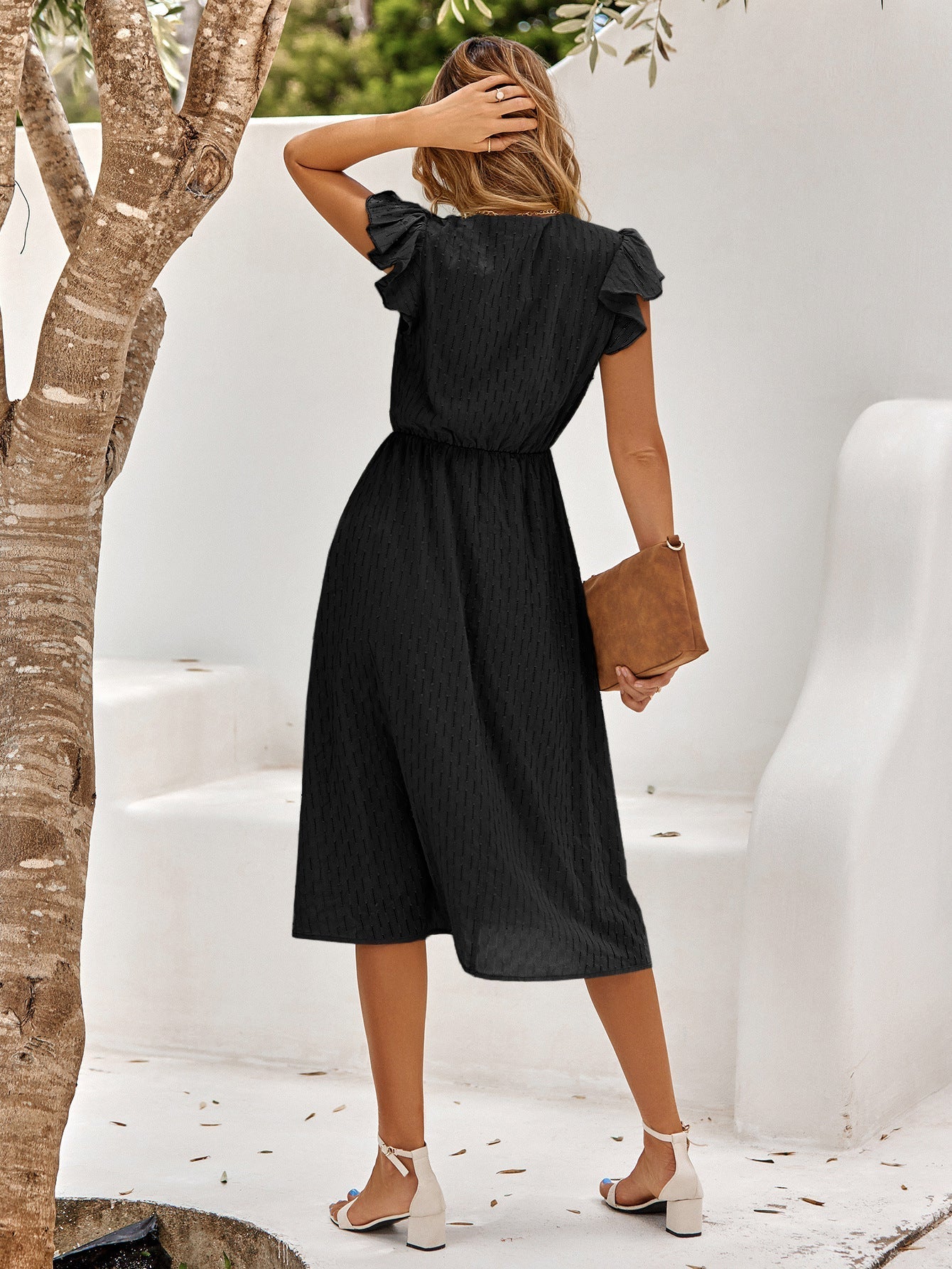 Elegant midi dress for women with ruffled sleeves and V-neck