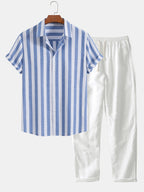 Striped cotton shirt and straight leg trousers for men