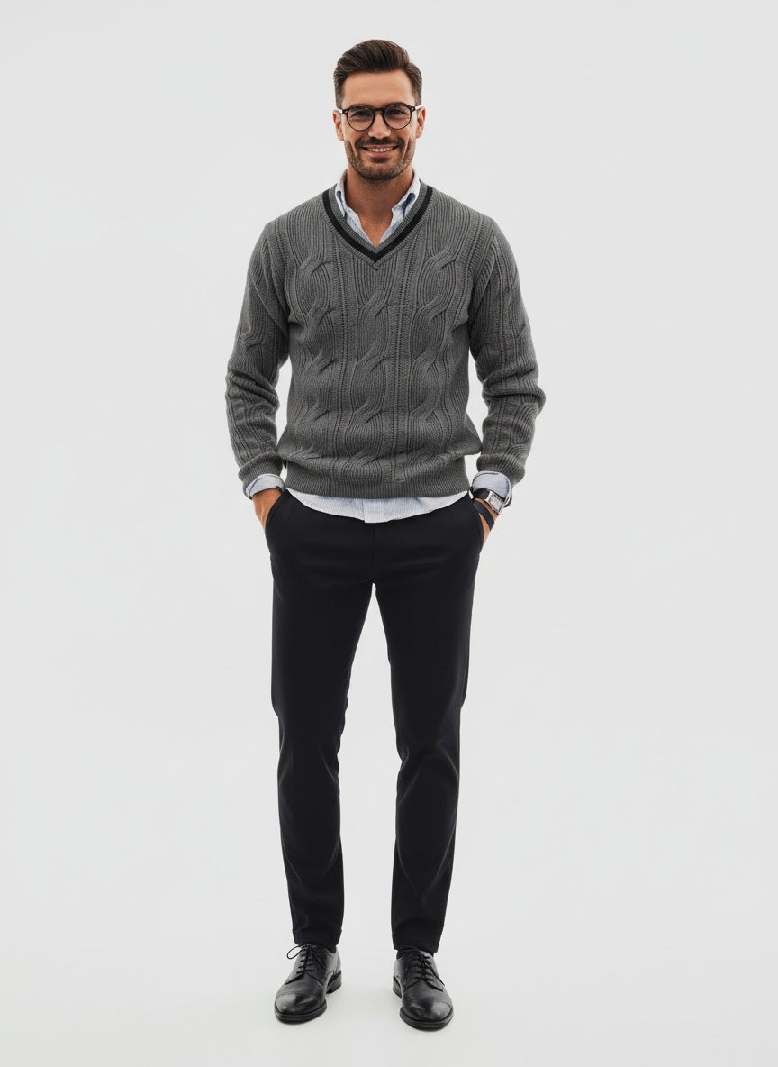 Herren V-Strick-Pullover im modernen Sportstil 1