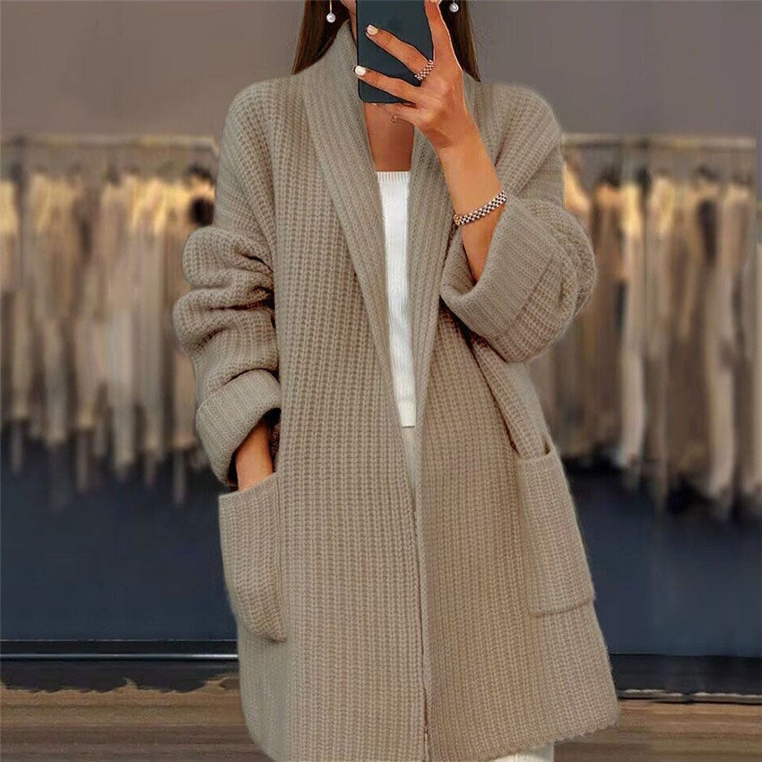 Lange Strickjacke Damen V-Ausschnitt mit Taschen Übergröße 0