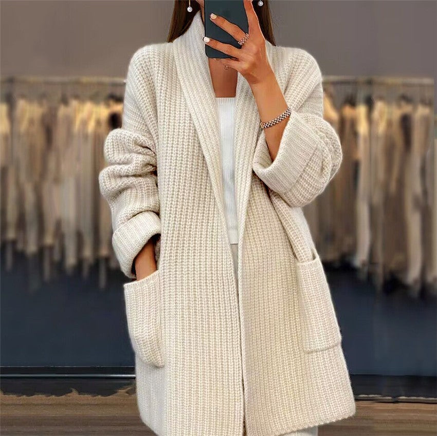 Lange Strickjacke Damen V-Ausschnitt mit Taschen Übergröße 1