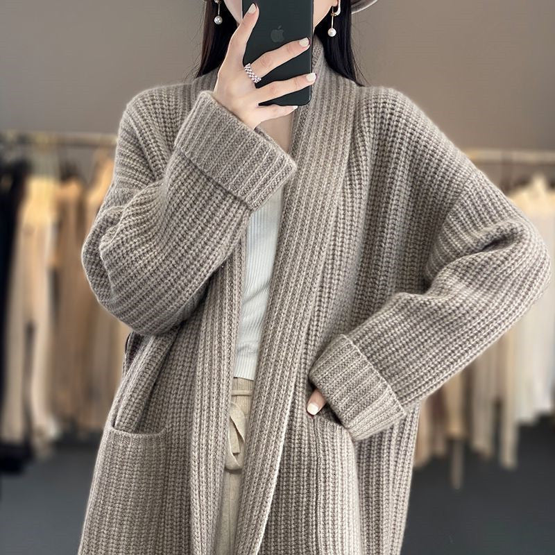 Lange Strickjacke Damen V-Ausschnitt mit Taschen Übergröße 2