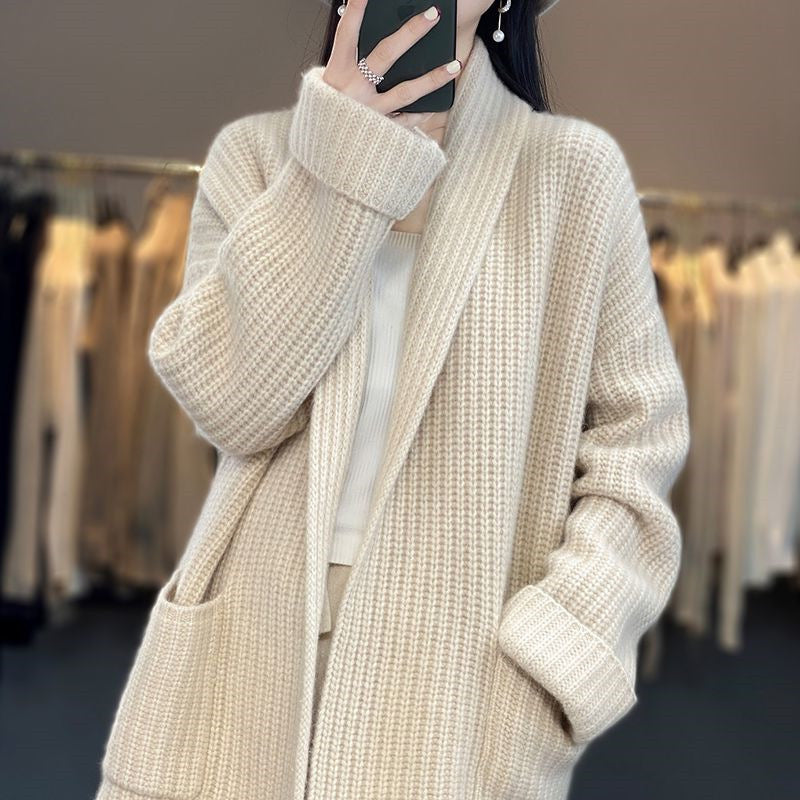 Lange Strickjacke Damen V-Ausschnitt mit Taschen Übergröße 3