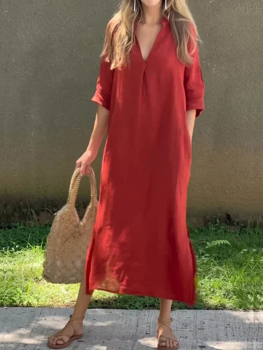 Long linen dress with V-neck for women