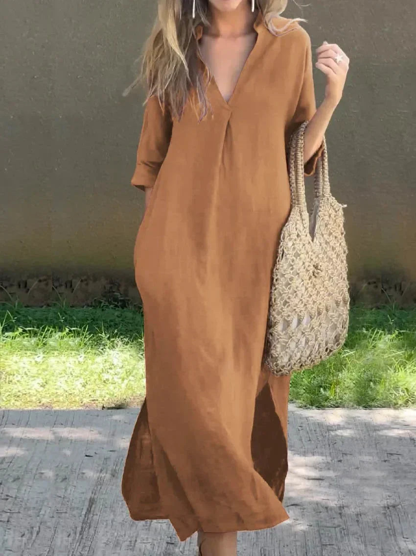 Long linen dress with V-neck for women