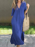 Long linen dress with V-neck for women