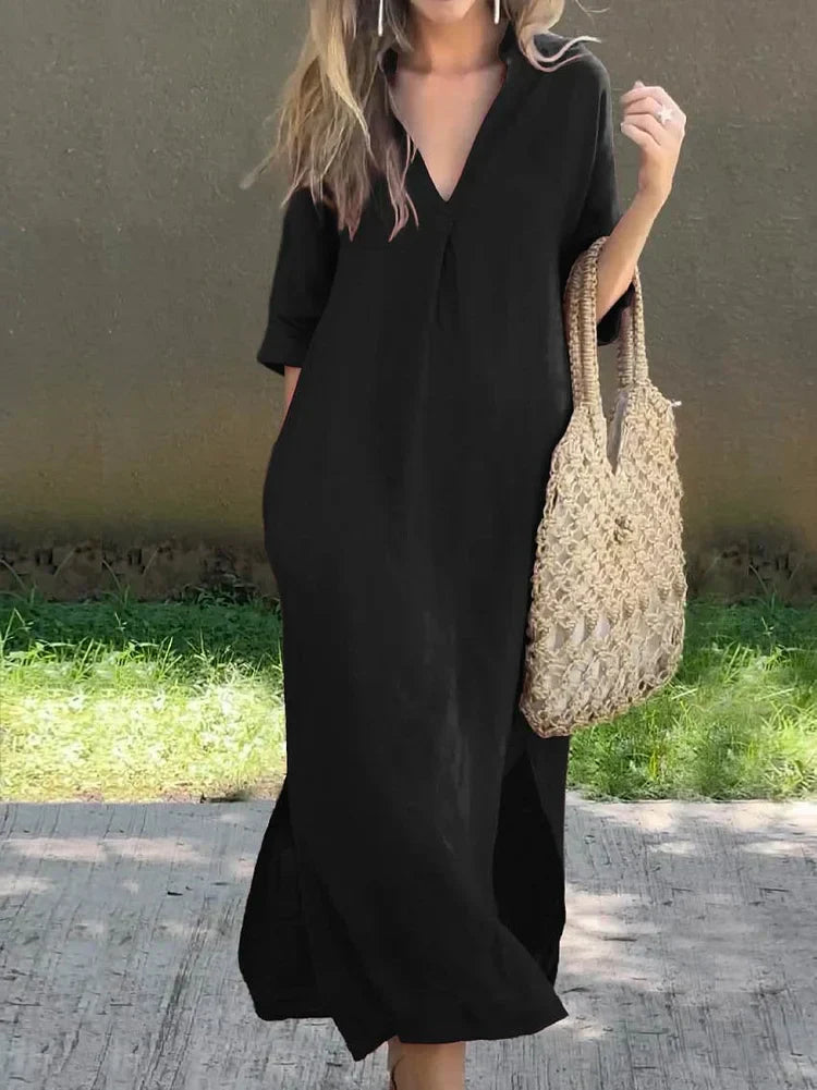 Long linen dress with V-neck for women