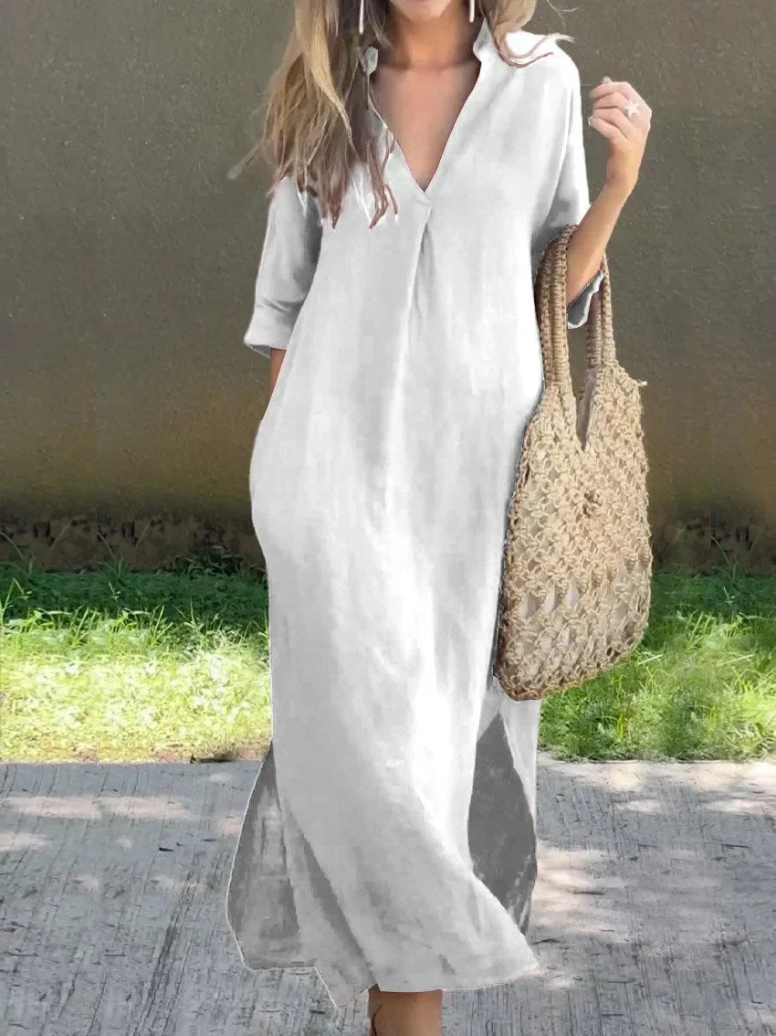 Long linen dress with V-neck for women