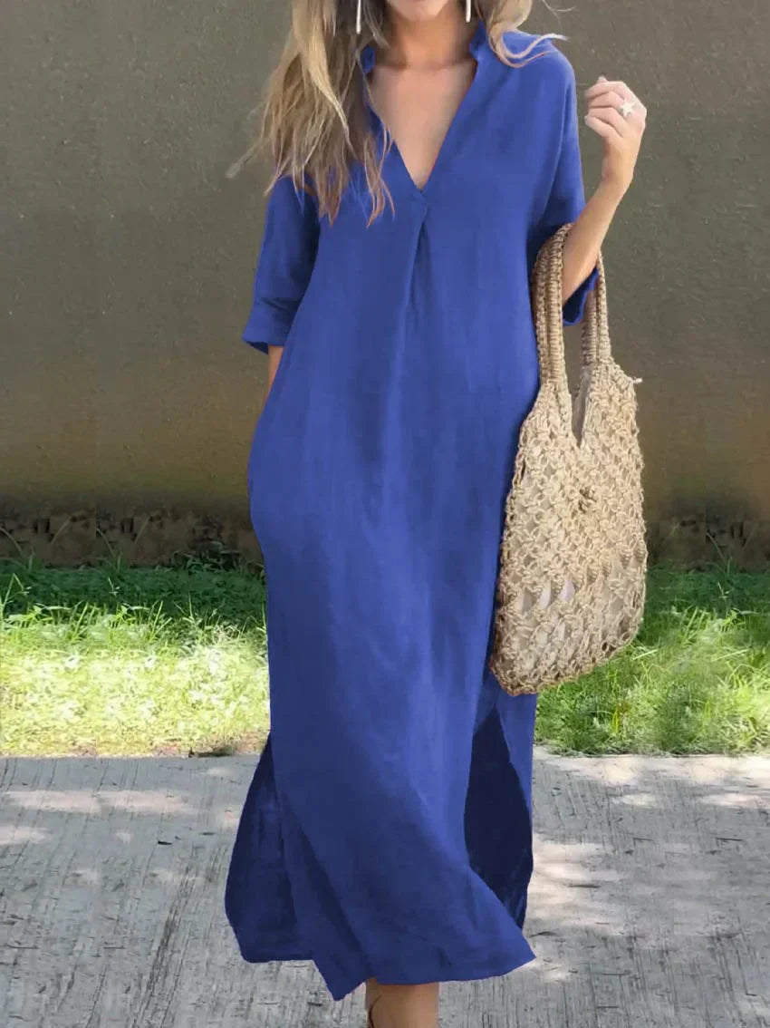 Long linen dress with V-neck for women