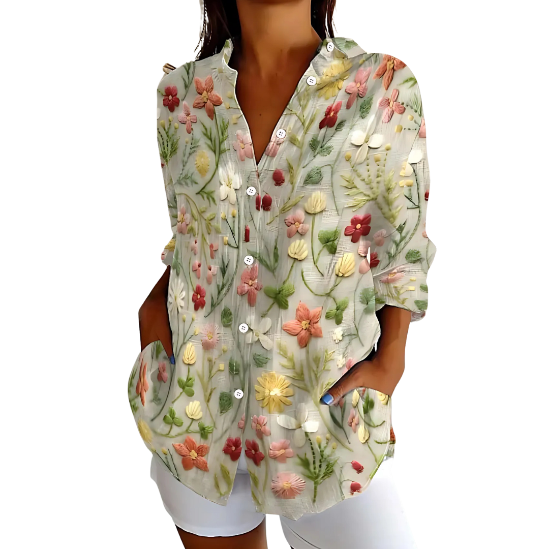 Linen blouse for women with handcrafted embroidery